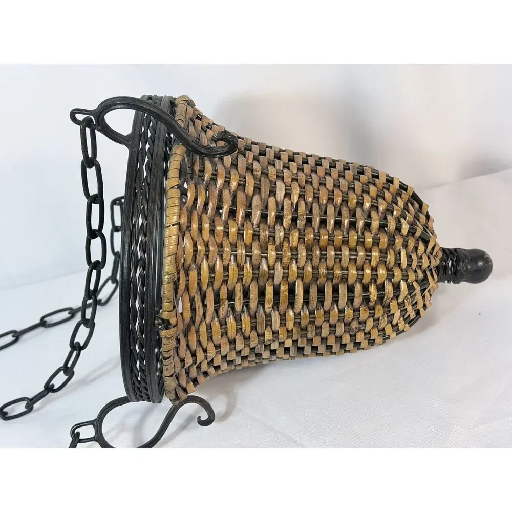 VTG Rattan Metal Bell Shaped Hanging Planter Woven Brown Embellished Decor